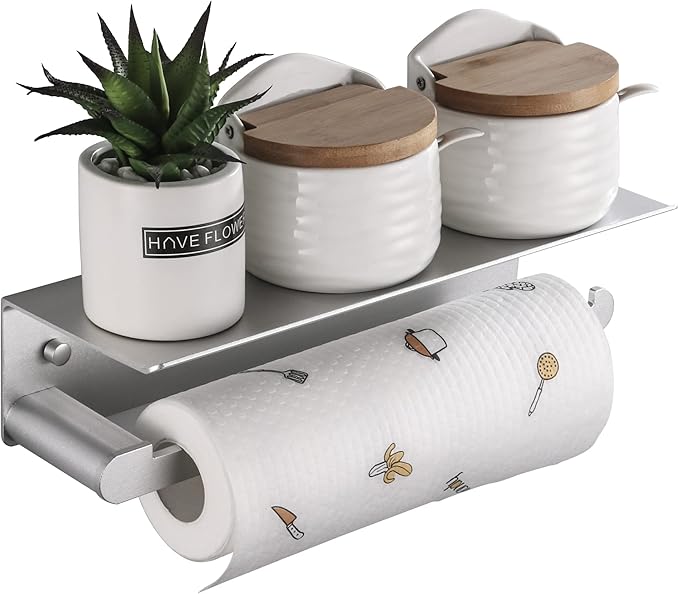 Paper Towel Holder Wall Mount for Kitchen, Self-Adhesive Paper Towel Holder with Shelf for Bathroom, Anti-Rust Aluminum, No Drill or Wall-Mounted with Screws (Silver)