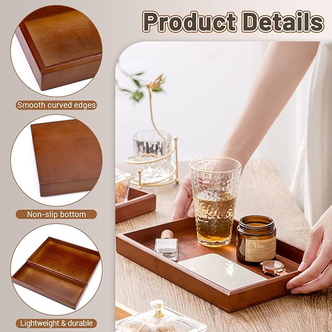 Rectangle Wood Bathroom Tray, 11.4" x 7.8" Wooden Serving Platter, Decorative Ottoman Tray Organizer for Counter Vanity Kitchen Decor Table Party