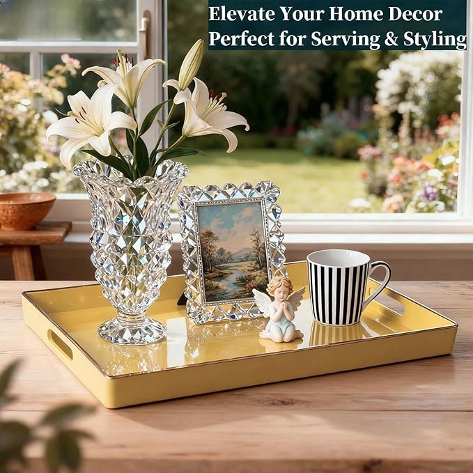 Zosenley Decorative Tray, Rectangular Plastic Tray with Handles, Modern Vanity Tray and Serving Tray for Bathroom, Kitchen, Ottoman and Coffee Table, 15.6â x 10.2â (Light Yellow)