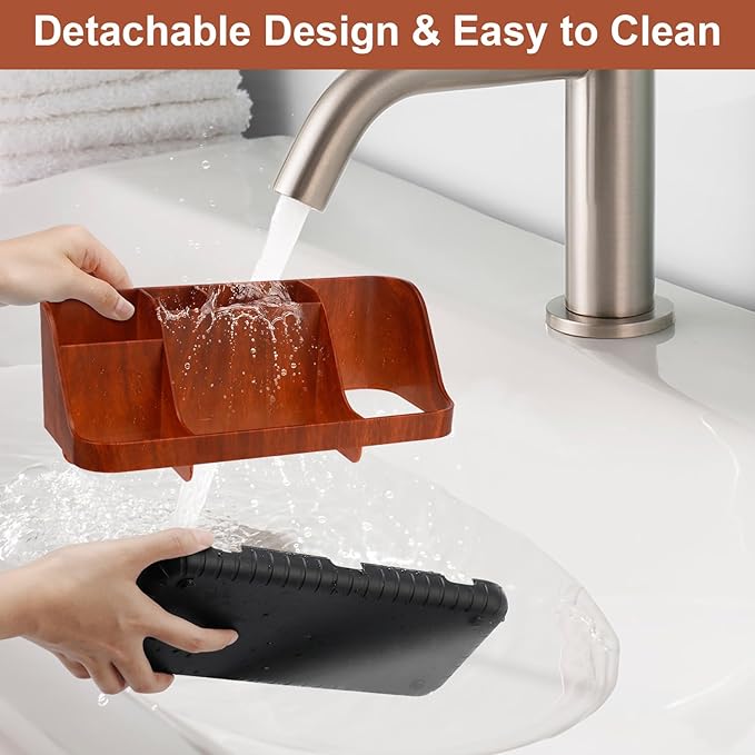 Bathroom Decor and Accessories - Detachable 7 Slots Kids Electric Toothbrush and Toothpaste Holde for Bathroom Tray Countertop Vanity Storage, Bathroom Sink Storage Organizer, Red Wood