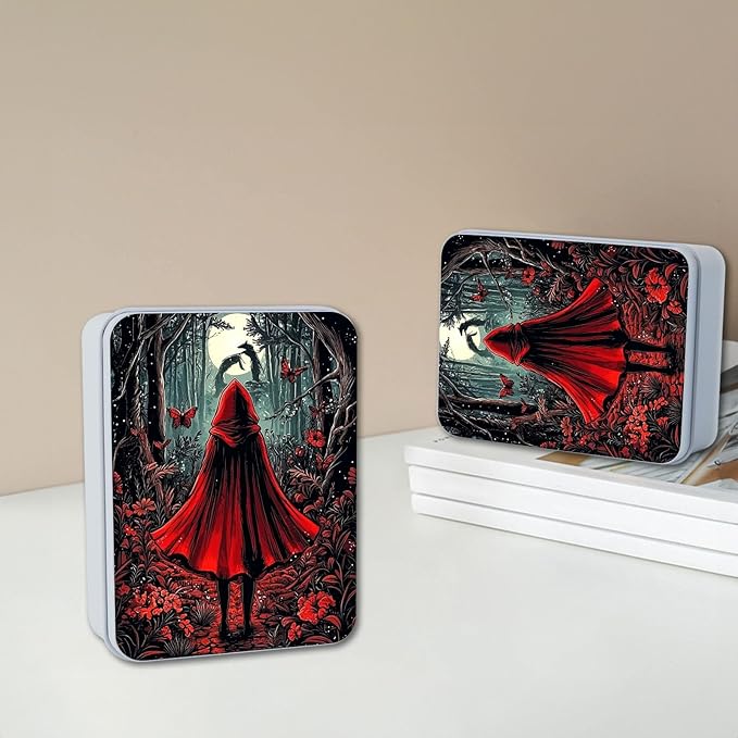 Metal Tin Box with Lid,Multi-functional Storage Large Box Can Store Tea Biscuits Game Cards, Playing & Tarot Cards-Comes with 4 Magnetic Cord Clips,Red Hood in Forest