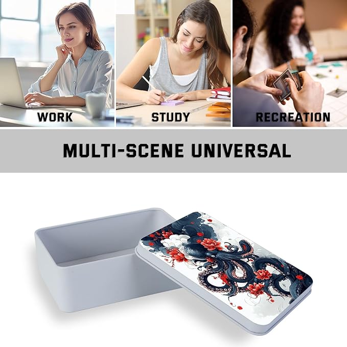 Metal Tin Box with Lid,Multi-functional Storage Large Box Can Store Tea Biscuits Game Cards, Playing & Tarot Cards-Comes with 4 Magnetic Cord Clips,Octopus and Red Flower