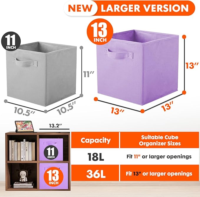ShellKingdom Storage Bins, Foldable Fabric Storage Cubes And Cloth Storage Organizer Drawer For Closet And Toys Storage, 13 X 13 X 13 INCH, 6 Pack (Lavender)