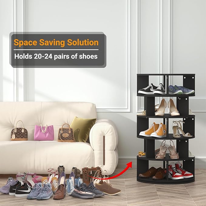 Aheaplus Rotating Shoe Rack, 5-Tier Wood Shoe Organizer for Closet, 360° Spinning Shoe Rack Tower Space-Saving Shoe Storage Shelf for Entryway, Garage, Bedroom, Black
