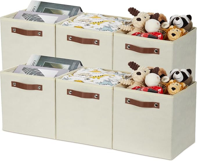 HNZIGE Fabric Storage Cubes for Organizing 6Pcs Collapsible Storage Cubes 11 Inch Cube Storage Bin With Handles, Cube Storage Bins For Cube Storage Home, Office Toy (Cream)