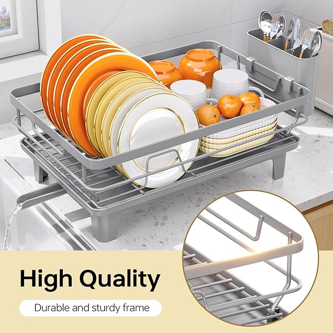 TOOLF Dish Drying Rack, Small Dish Racks for Kitchen Counter, Stainless Steel Sink Organization and Storage Essentials with Cutlery Holder, Dish Drainer, Home and Appartment Decor, Gray