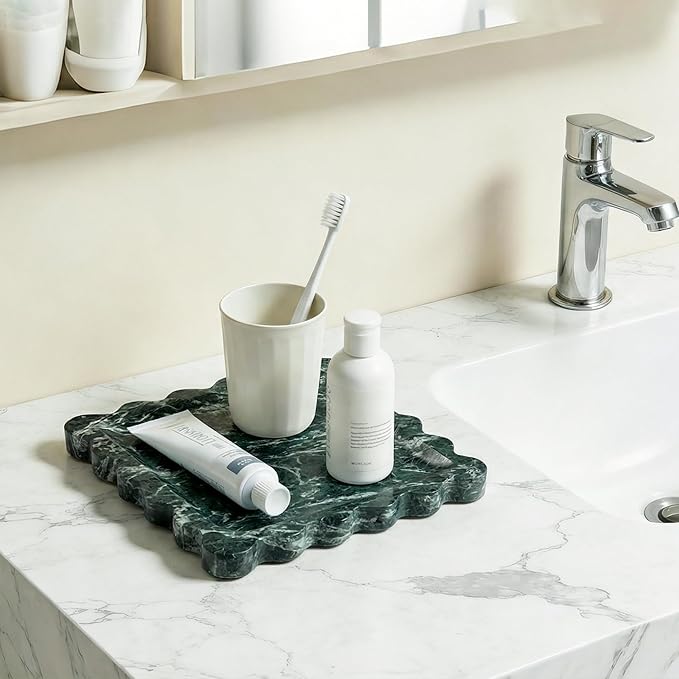 Elegant Square Marble Decorative Tray with Scalloped Edge Natural Stone Vanity Tray Organizer for Counter, Vanity, Dresser, Nightstand, Bathroom & Kitchen Sink(Verde Alpi Green)