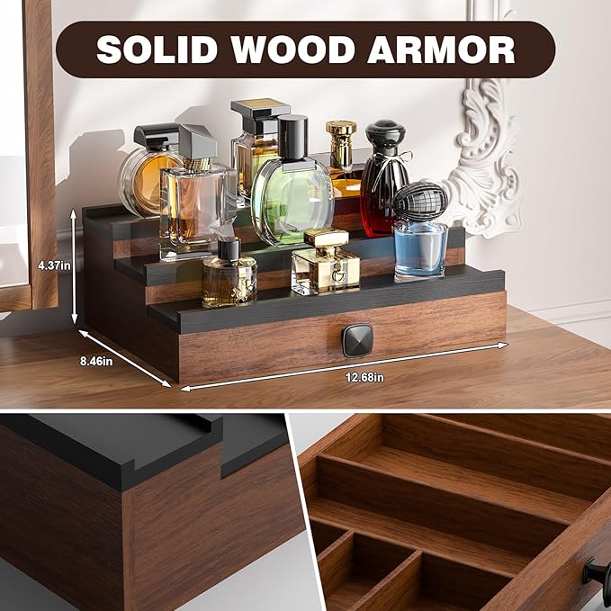Cologne Organizer for Men: with Drawer, 3 Tier Wooden Cologne Stand Desktop Perfume Display Shelf, Bedroom Dresser Makeup Lotion Jewelry Storage Organizer ﻿