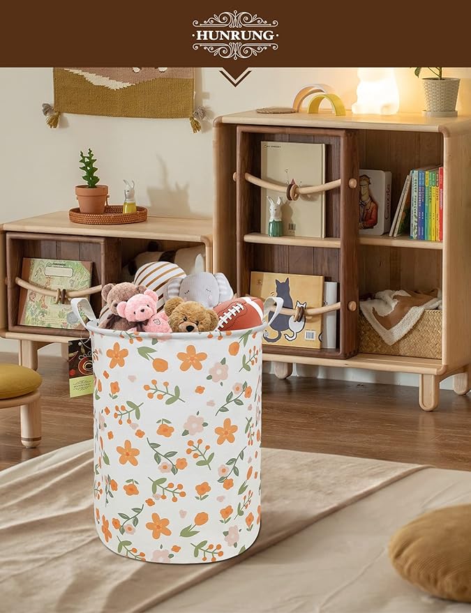 HUNRUNG Laundry Hamper,Large Canvas Fabric Lightweight Storage Basket Toy Organizer Dirty Clothes Collapsible Waterproof for College Dormsï¼Round-Orange Flowerï¼