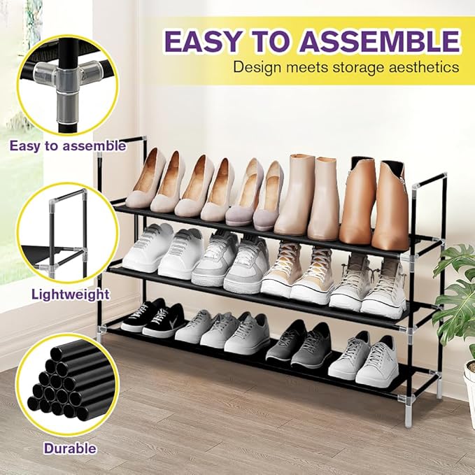 Shoe Rack - 3-Tier Non-Woven Stackable Shoe Shelves for Entryway, Closet, Bathroom 30cm(D) x 92cm(W) x 55cm(H) -Black (3-Tier Non-Woven)