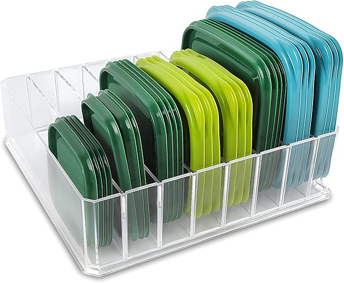Bawuie Lid Organizer for Food Storage Container, Plastic Lid Holder with 7 Adjustable Dividers for Kitchen Pantry Cabinet and Drawer, Countertop Cupboard Lid Organization, Medium, Clear