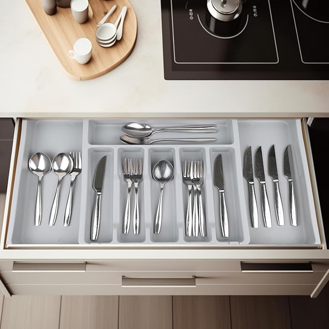 S&F Homes Expandable Cutlery drawer organizer, utensil drawer organizer, flatware and silverware holder, organization and storage tray for kitchen decor, BPA-Free. (Gray)