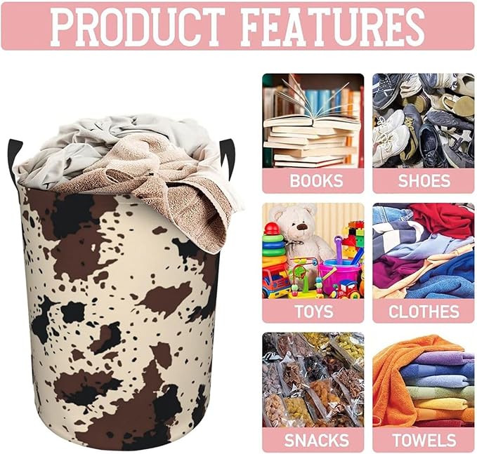 Highland Cow Texture Round Laundry Hamper Cowskin Print Storage Basket Toys Clothes Organizer Bin For Home Bathroom Bedroom Dorm Nursery, 38l