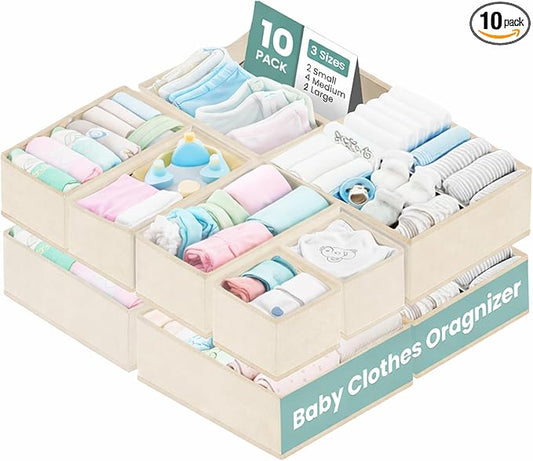 RFAQK 10 Pack Dresser Drawer Organizer Clothes-Baby Clothes Organizer for Nursery, Foldable Closet Fabric Drawer Dividers for Bedroom Organization, Storage Bins, Underwear, Socks, Bras, Belt-Begie