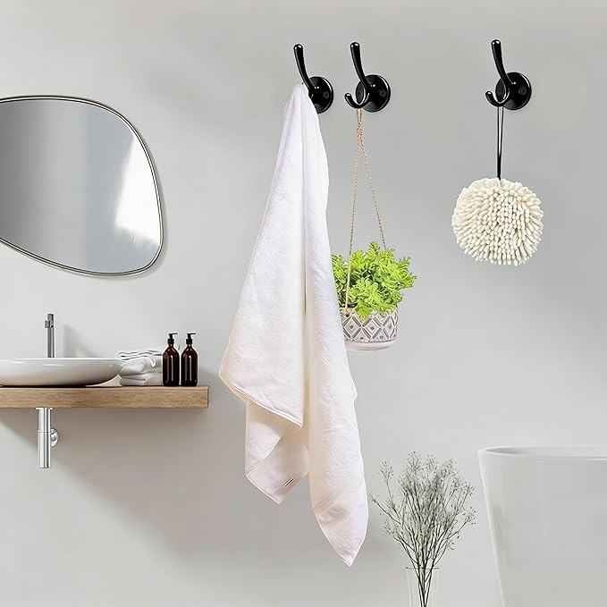 2PCS Black Wall Hooks Towel Hooks, Heavy Duty Coat Hooks for Hanging Coats, Metal Towel Hooks for Bathrooms, Double Hook Wall Mounted