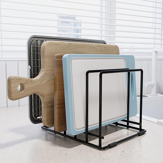 Baking Sheet Organizer Rack â 5-Slot Bakeware & Cookie Tray Holder for Kitchen Cabinet or Countertop, Stainless Steel Cutting Board Rack with Rust-Resistant Frame & Anti-Slip Feet