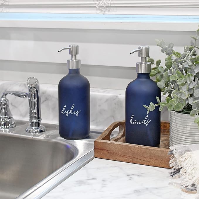 Cornucopia Brands 16oz Hands Dishes Pump Bottles (Blue, Set of 2); Frosted Blue Pump Dispensers for Kitchen and Home