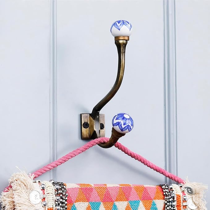 Indian Shelf Pack of 12 Heavy Duty Decorative Double Hooks for Hanging Blue White Unique Coat Hooks Vintage Coat Rack Wall Mount Double Prong Wall Hooks Towel Holder Backpack Purse Hanger- Style 17