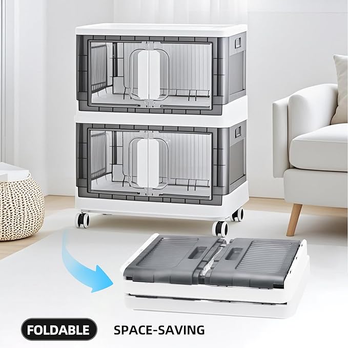 Folding Storage Organizer with Silent casters | Stackable Design for Home & Office, Heavy-Duty Plastic Storage Bin with Clear Door, 3 Sizes (19.5/23.5/27.5in),Black/White (27.6" 3 layer, White)