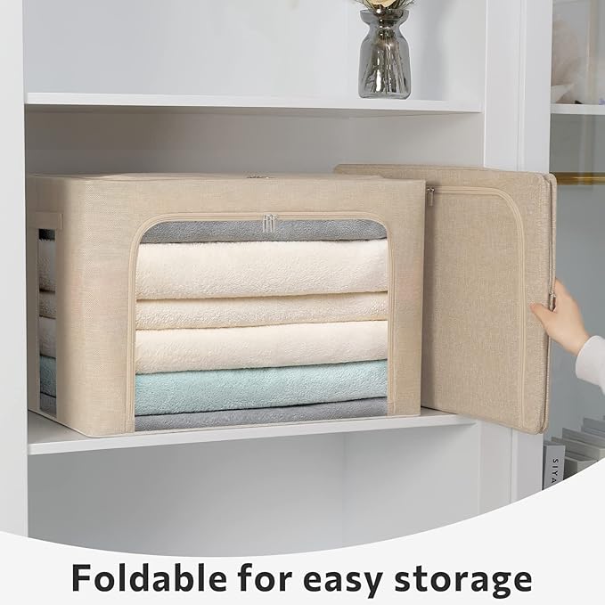 FHSQX 2 Pack Clothes Storage Bins Stackable Metal Frame Storage Box Foldable Linen Fabric Box Organizer with Carrying Handles and Clear Window (Beige, 15.7x 11.8x 11.7 Inch)
