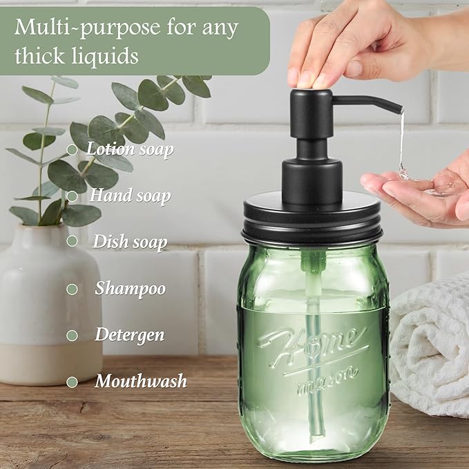 Amolliar 4PCS Bathroom Accessories Set (Lotion Soap Dispenser, Toothbrush Holder, 2 Qtip Holders), Rustic Farmhouse Decor, Green Glass Organizer for Countertop & Vanity, Bathroom Essentials, Black