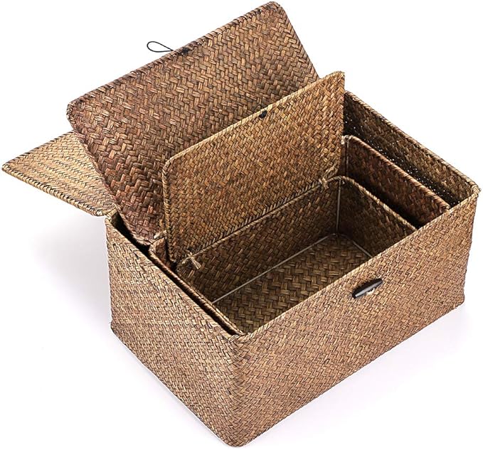 Hipiwe Set of 3 Natural Seagrass Storage Baskets with Lid - Large Handwoven Wicker Storage Bins Rectangular Household Organizer Boxes Shelf Wardrobe Organizer, Coffee
