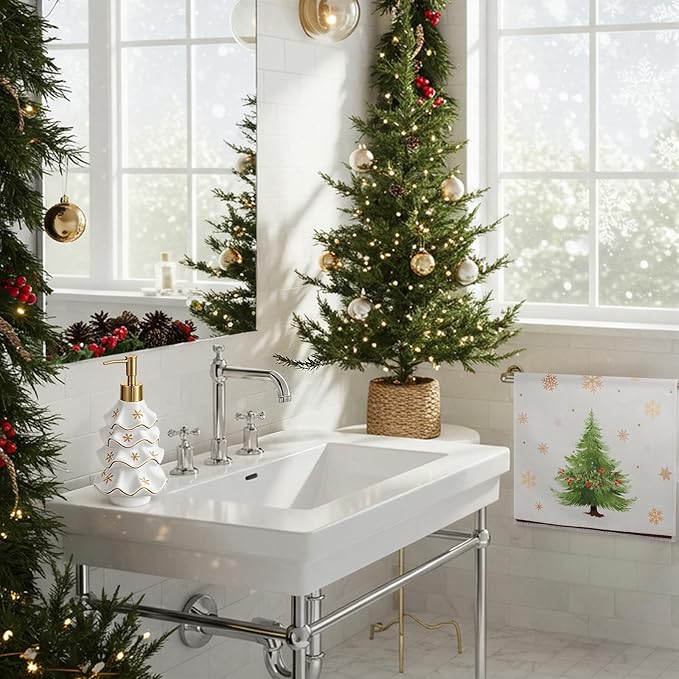Christmas Soap Dispenser and Towel Set Tree Hand Soap Dispenser with 2 Hand Towels Refillable Lotion Essential Oil Dispensers with Pump for Christmas Bathroom Kitchen