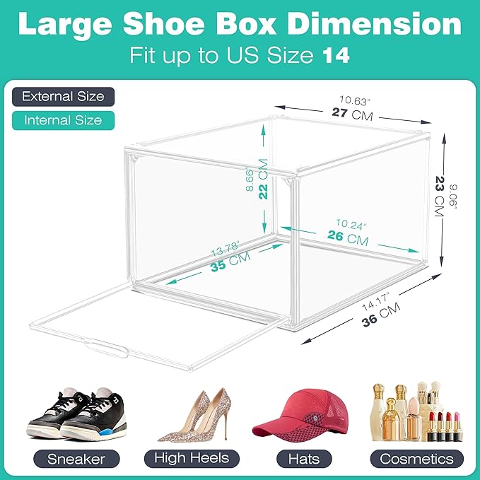 2 Pack Drop-Front Clear Shoe Storage Box Acrylic Box Shoe Organizer Size 13, Stackable Shoe Tower with Magnetic Door Large Storage Bins for Sneaker Containers Display & Closet Organization