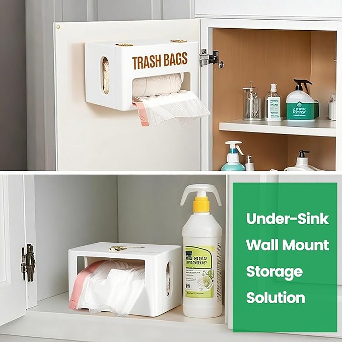 Extra Large White Bamboo Trash Bag Holder Dispenser, Fits Costco & Sam's Club Jumbo Rolls, Under-Sink, Cabinet & Wall Mount Organizer, Garbage Bag Storage for Kitchen, Pantry, Garage