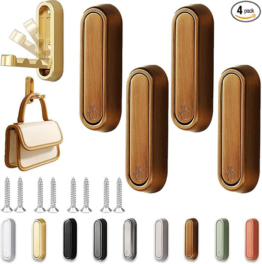 4PCS Folding Wall Hooks, Foldable Coat Hooks Heavy Duty Foldable Hook Bathroom Towel Hooks Robe Hooks Wall Mounted for Bathroom, Closet, Entryway, Pool, and Kitchen (Round-Dark Gold)