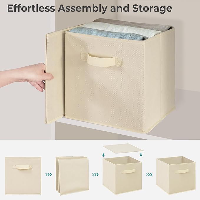 11 Inch Fabric Storage Cubes, Sturdy Foldable Storage Bins, Heavy Duty Cube Organizer for Clothes, Blankets, Shelves, Closets, Bedroom, Living Room, Beige, 8 Pack