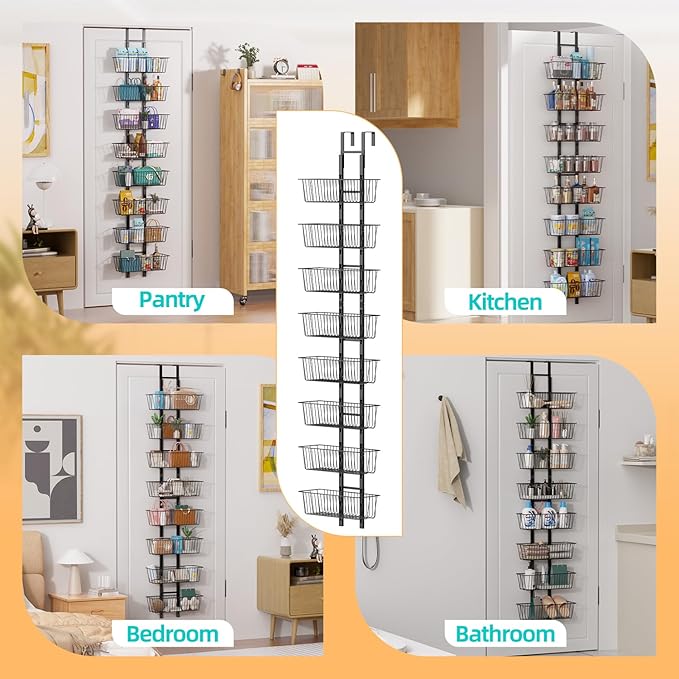8-Tier Over the Door Organizer with Baskets - Metal Spice Rack Hanging Storage Rack for Pantry, Kitchen, Spices & Laundry, Adjustable Shelves, Heavy Duty Hanging Storage Organizer Door Mount, Black