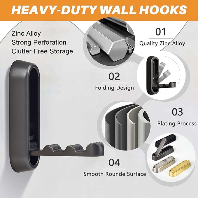 4PCS Folding Wall Hooks, Foldable Coat Hooks Heavy Duty Foldable Hook Bathroom Towel Hooks Robe Hooks Wall Mounted for Bathroom, Closet, Entryway, Pool, and Kitchen (Round-Gold)