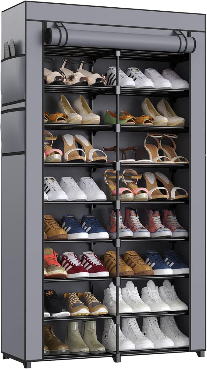 9-Tier Shoe Rack - 36-40 Pairs Organizer with Nonwoven Fabric Cover, Double Row for Closet (Black Rack with Gray Cover)