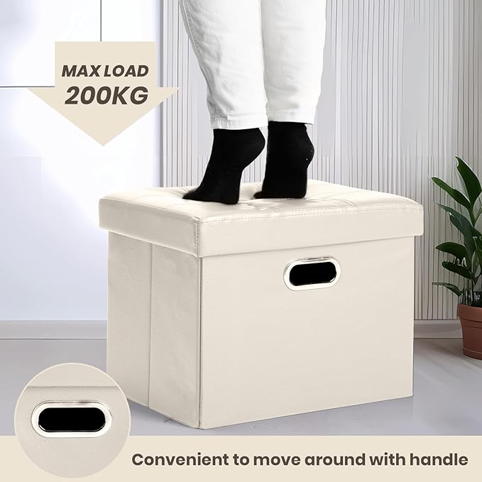 COSYLAND Storage Ottoman Foot Rest - 17x13x13in Leather Ottoman Rectangle Foot Stool Folding for Room Dorm Small Collapsible Bench Seat Organizer Entryway Furniture with Handles Lid Beige