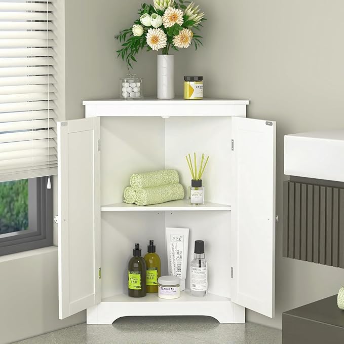 TuoxinEM Bathroom Corner Storage Cabinet, Floor Cabinet with 2 Doors, Freestanding Corner Organizer, Home Space Saver for Bathroom, Kitchen, Living Room (White)