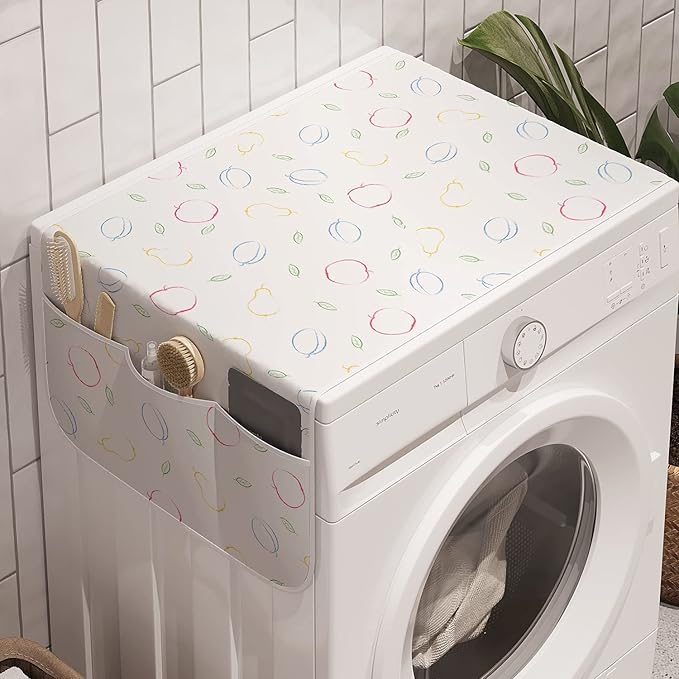 Ambesonne Colorful Washing Machine Organizer Pack of 2, Crayon Drawing Style Pattern with Fruits and Green Leaves Simplistic Minimal Art, Anti-Slip Cover for Washers Dryers, 47" x 18.5", Blue Yellow