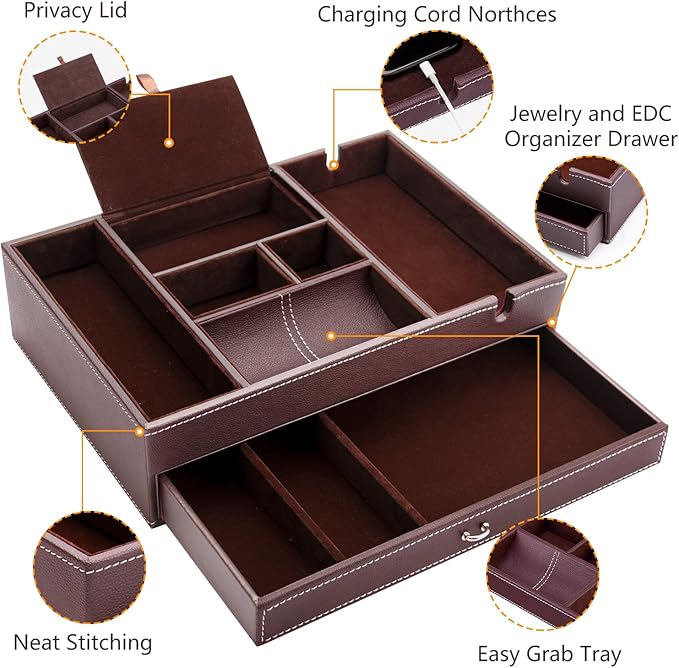 Baoyun Valet Tray for Men, 2 Layers Nightstand Organizers for Men and Women, Leather Jewelry Storage Box, Mens Dresser Top Organizer, Catch All for Jewelry Key Wallet and Phone (Brown)