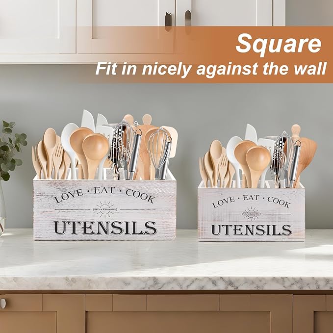 2 PC Wooden Utensil Holder,（With 4-Compartments size*1 + 3-Compartments size*1） Extra Large Kitchen Counter,Cooking Spatula Organizer,Farmhouse Decor, Rustic Cooking Utensil