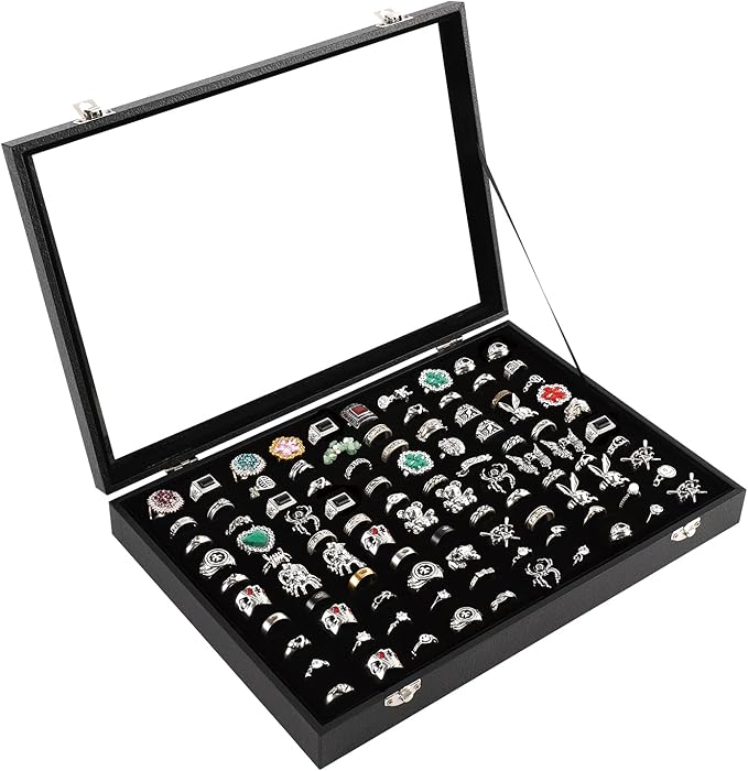 100 Slots Ring Case Organizer Display Box,Rings Holder Storage Boxes for Jewelry Showcase with Glass Lid (Black Velvet).
