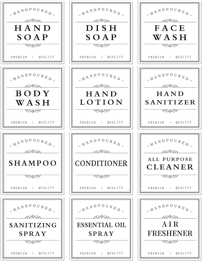 White Waterproof Soap Labels for Plastic/Glass Bottles, Bathroom/Kitchen Hand Soap Dispenser Label Stickers, Removable Cleaning Bottle Labels for Soap, Lotion, Shampoo Conditioner, 12Pack (White)