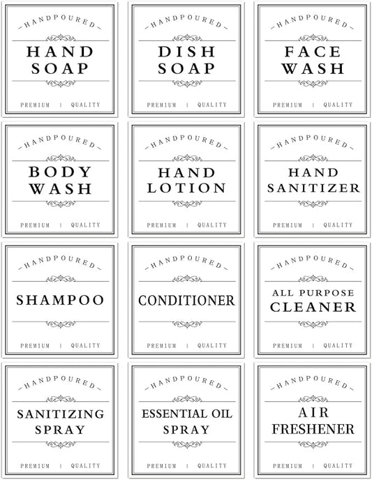 White Waterproof Soap Labels for Plastic/Glass Bottles, Bathroom/Kitchen Hand Soap Dispenser Label Stickers, Removable Cleaning Bottle Labels for Soap, Lotion, Shampoo Conditioner, 12Pack (White)