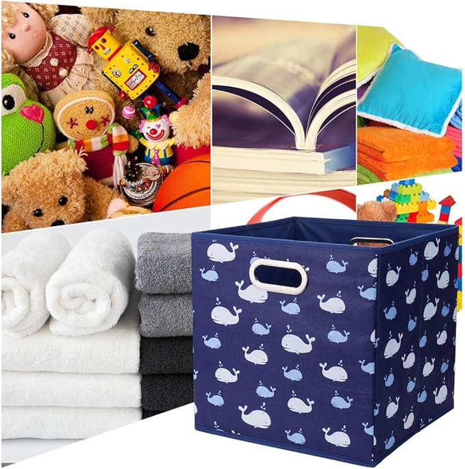 13 inch Collapsible Storage Cubes Bins Fabric Storage Boxes Blue Foldable Cube Inserts Storage White Whale Folding Cloth Storage Baskets Drawer Organizer ,QY-SC04-6