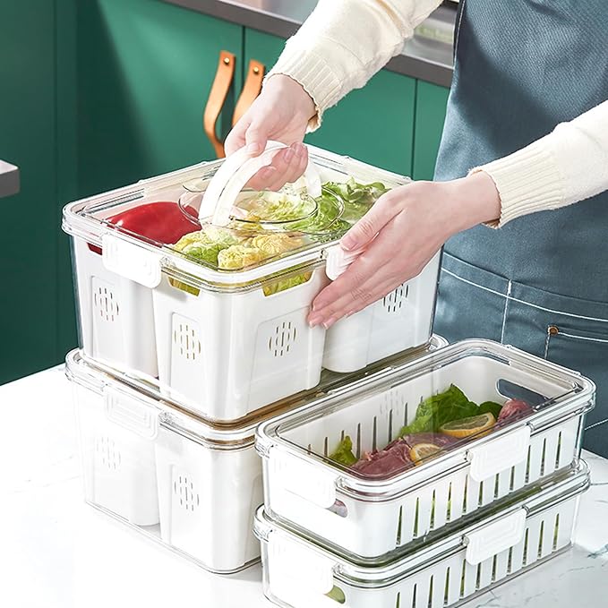 Refrigerator Organizer With Lids (2 Compartments), Fridge Storage, Fridge Organizers And Storage Clear, Fridge Organization, Storage Containers, Stackable With Lid Fridge Organizers