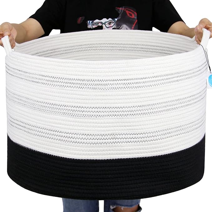 Casaphoria XXXLarge Cotton Rope Basket 22" X 22"X 14" Blanket Basket for Living Room Woven Basket Soft Laundry Blanket Basket storage basket bin with Handleï¼pack of 1ï¼