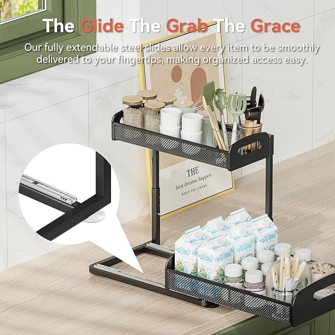 YASONIC Under Sink Organizer, Metal 2 Pack Height Adjustable Under Kitchen Sink Organizer with Pull Out Drawer, 15.9 Inches Cabinet Organizers and Storage for Kitchen & Bathroom Black