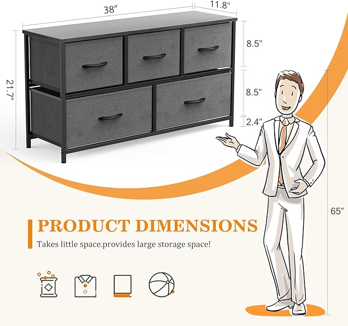 Sweetcrispy Dresser for Bedroom 5 Drawer Chest Tower, Small Storage Organizer Units Kidsroom, Living Room, Closet, Wooden Top Steel Frame & Fabric Bins, Lightweight TV Furniture, Clothing Cabinet