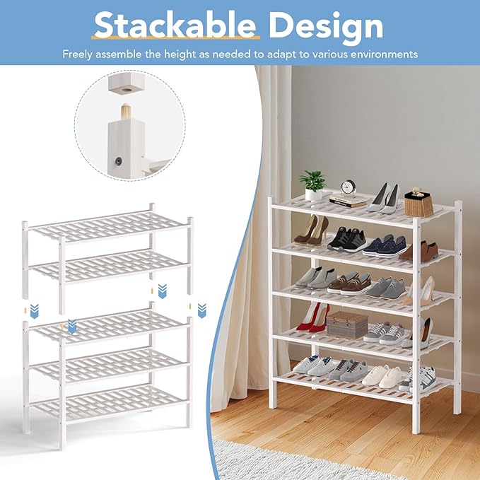Haddockway Large 2 Tier Bamboo Shoe Rack Storage Organizer, Multifunctional Free Standing Stackable Shoe Shelf with Grid Panel for Closet,Hallway,Entryway,Small Space 27"x12"x14"