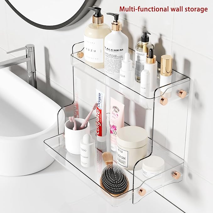2 Tier Bathroom Countertop Organizer with Adhesive Support, Vanity Storage Rack for Skincare, Perfume & Makeup, Bathroom Counter Organizer Shelf, Space Saving for Bathroom, Kitchen, Coffee Bar