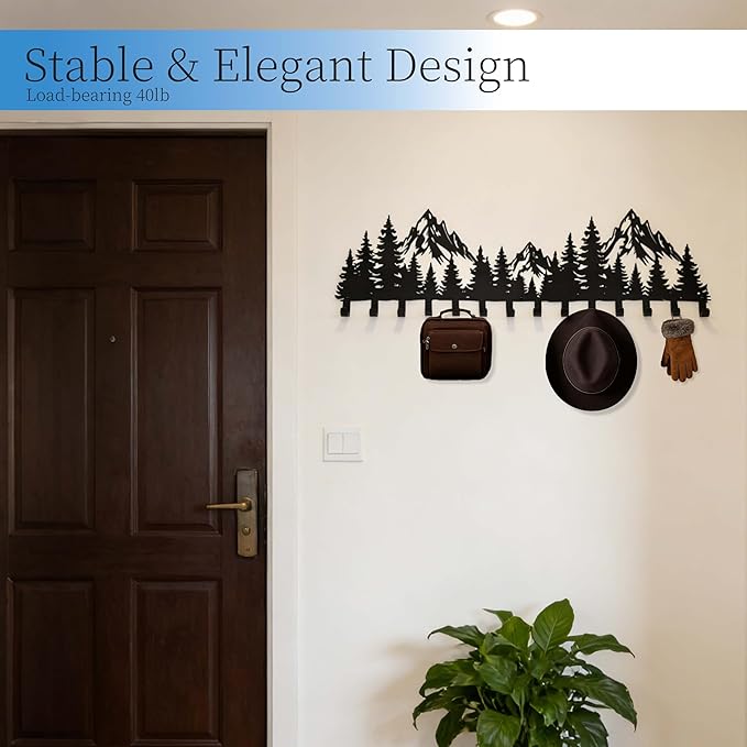 Large Black Mountain Wall Decor Coat Rack with 14 Hooks, Decorative Forest Wall Hanger for Cabin Entryway Front Door Bathroom Kitchen Office Home Wall Mount Holder for Key, Hat, Bag, Cloth